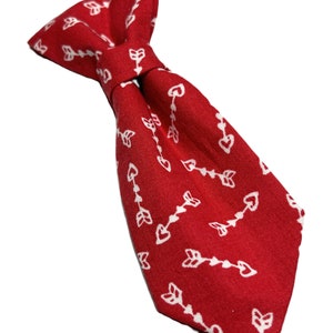 May include: A red bow tie with a white arrow and heart pattern.