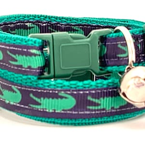 Preppy Cat or Kitten Collar with Alligators - Green and Blue Adjustable Breakaway Cat Collar with Removable Bell