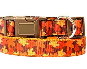 Autumn Dog Collar with Fall Leaves - Adjustable Small or Large Dog Collar - Dog Costume - Choice of Brown or Orange