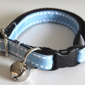 Cat Collar with Bell - Kitten Collar - Adjustable Breakaway Collar - Cute Boy Cat Collar - Unisex Cat Collar - Blue with White Stitching