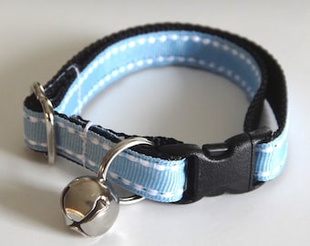 Cat Collar with Bell - Kitten Collar - Adjustable Breakaway Collar - Cute Boy Cat Collar - Unisex Cat Collar - Blue with White Stitching
