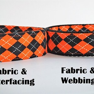 May include: Two close-up images of a black and orange diamond patterned fabric. The image on the left shows the fabric with interfacing, while the image on the right shows the fabric with webbing.