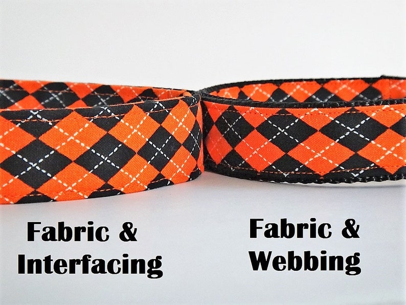 May include: Two close-up images of a black and orange diamond patterned fabric. The image on the left shows the fabric with interfacing, while the image on the right shows the fabric with webbing.