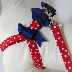 Dog Harness and (optional) Leash - Fabric Step-in Dog Harness - Red and White Polka Dot Harness - Patriotic Red, White and Blue Dog Harness