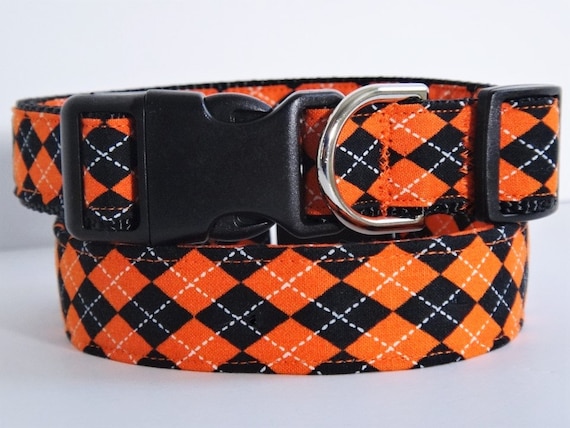 Halloween Dog Collar (& optional Leash) - Orange and Black Argyle Fabric Dog Collar - Small or Large Dog Collar - Autumn / Fall Dog Collar