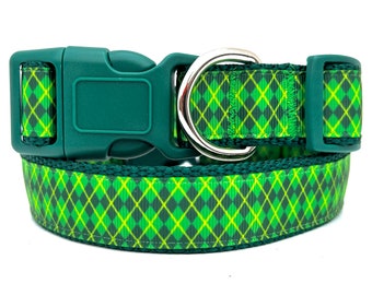 Ensemble collier pour chien à losanges verts et (facultatif) laisse pour la Saint-Patrick - Collier réglable St Paddy's pour petit ou grand chien