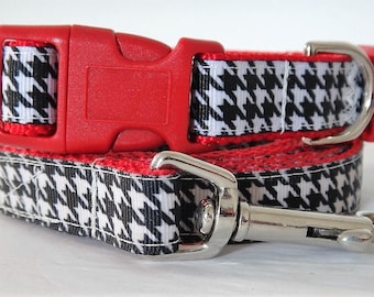 Houndstooth Dog Collar and (Optional) Leash Set for Girl Dog  -  Adjustable Small or Large Dog Collar