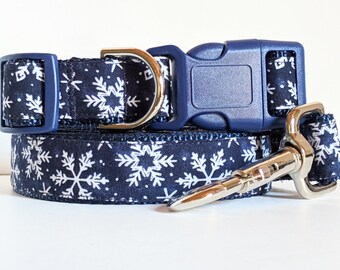 Snowflake Dog Collar - Pretty Blue Fabric Dog Collar with Snowflakes - Girl or Boy Winter Dog Collar - Small or Large Dog Collar