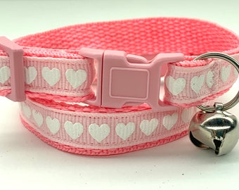 Pink Cat or Kitten Collar - Pink Cat Collar with White Hearts- Adjustable Breakaway Cat Collar- Pretty Cat Collar with Removable Bell