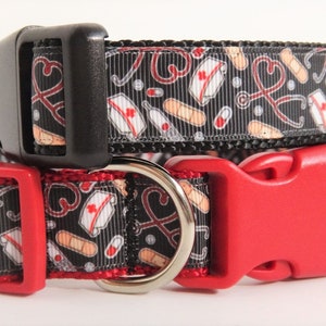 Nurse Dog Collar and (optional) Leash Set - Girl or Boy Dog Collar Dog Collar with Nurse Hats & Stethascopes  - Large or Small Dog Collar