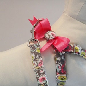 Floral Dog Harness and optional Leash Grey and Pink Fabric Step-in Dog Harness with Bows Girl Dog Harness or Dog Collar Alternative image 2