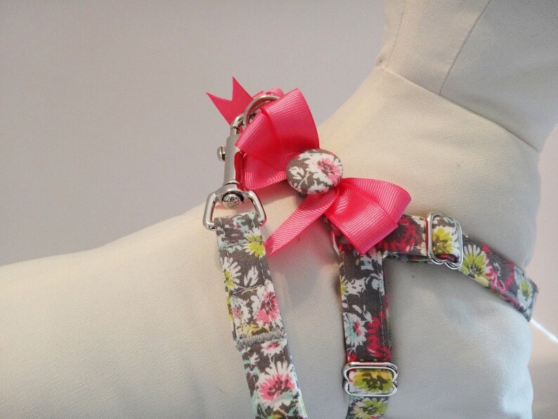 Floral Dog Harness and optional Leash Grey and Pink Fabric Step-in Dog Harness with Bows Girl Dog Harness or Dog Collar Alternative image 2