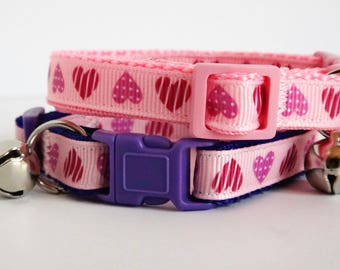 Valentine's Cat Collar with Removable Bell - Pink or Purple Cat or Kitten Collar with Hearts - Adjustable Breakaway Collar - Girl Cat Collar