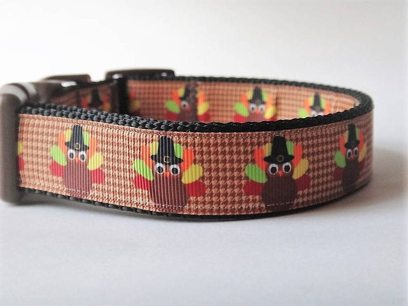 Thanksgiving Dog Collar & optional Leash with Turkey Design Small or Large Dog Collar Brown Colorful Dog Collar image 3