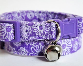 Fabric Cat or Kitten Collar - Purple, Pink Yellow or Black Cat Collar with Daisies - Girl Cat Collar with Breakaway Buckle & Removable Bell