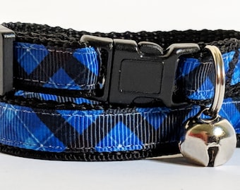 Cat Collar - Kitten Collar - Black and Blue Plaid Cat collar - Boy Cat Collar -Adjustable Breakaway Cat Collar with Removable Bell