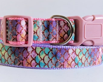 Mermaid Dog Collar and (optional) Leash Set - Pink or Purple Girl Dog Collar with Mermaid Scales for Small or Large Dog