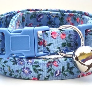 Blue Floral Fabric Cat or Kitten Collar - Girl Cat Collar with Tiny Flowers - Breakaway Cat Collar with Removable Bell