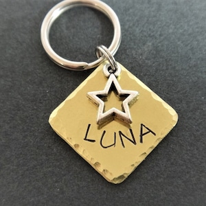 Cat Tag - Small Dog Tag - Pet ID Tag with Star Charm - 3/4&quot; Square Brass Pet Tag - Cat Collar Tag
