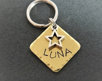 Cat Tag - Small Dog Tag - Pet ID Tag with Star Charm - 3/4" Square Brass Pet Tag - Cat Collar Tag