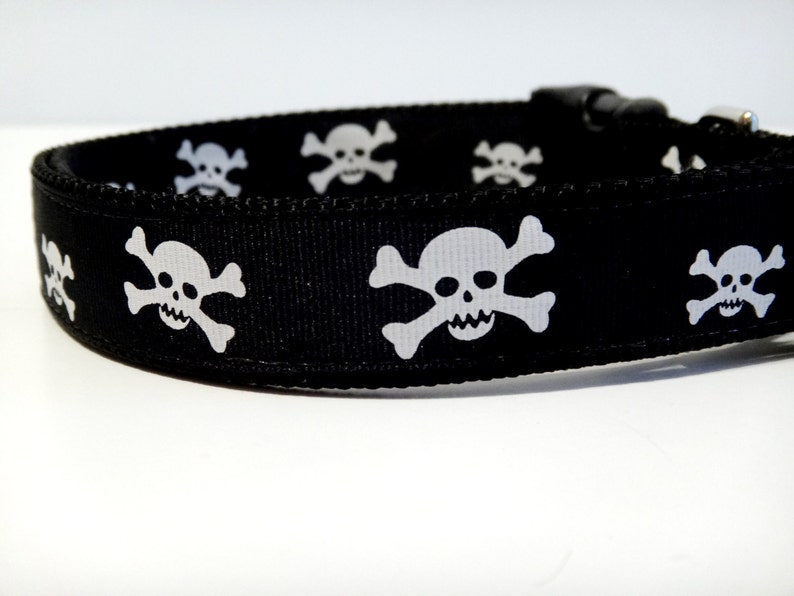 Adjustable Dog Collar Skull and Cross Bones Dog Collar Small or Large Halloween Dog Collar in Black and White image 2