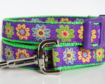 Floral Dog Collar and (optional) Matching Leash-  Purple Girl Dog Collar with Colorful Flowers - Adjustable Small or Large Girl Dog Collar