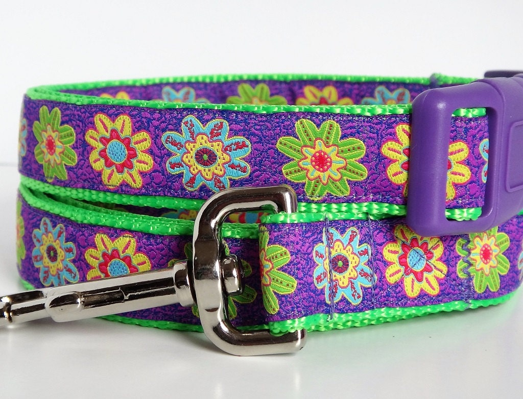 Floral Dog Collar and (optional) Matching Leash-  Purple Girl Dog Collar with Colorful Flowers - Adjustable Small or Large Girl Dog Collar
