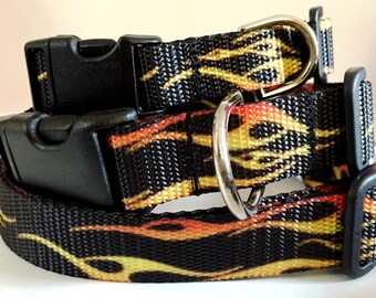 Dog Collar and Leash (optional) -Boy Dog Collar - Flame Dog Collar-Medium or Large Dog Collar - Racing, Motorcycles