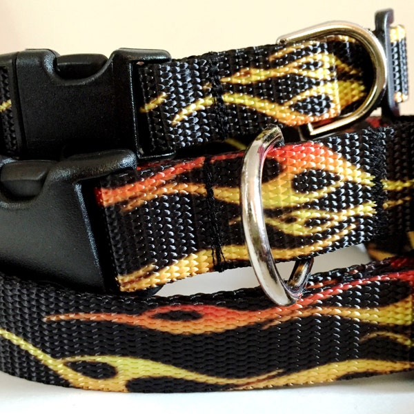 Dog Collar and Leash (optional) -Boy Dog Collar - Flame Dog Collar-Medium or Large Dog Collar - Racing, Motorcycles