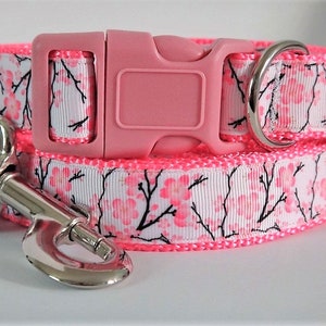 Floral Dog Collar and (optional) Leash Set - Girl Dog Collar with Pink Cherry Blossoms - Adjustable Large or Small Dog Collar