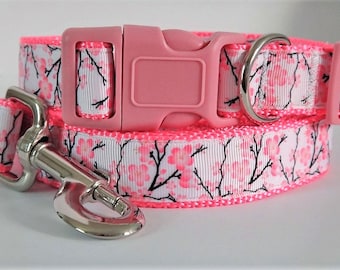 Floral Dog Collar and (optional) Leash Set - Girl Dog Collar with Pink Cherry Blossoms - Adjustable Large or Small Dog Collar