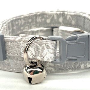 Gray Snowflake Cat Collar - Gray and White Winter Kitten or Cat Fabric Collar - Kitty Collar with Removable Bell and Breakaway Buckle
