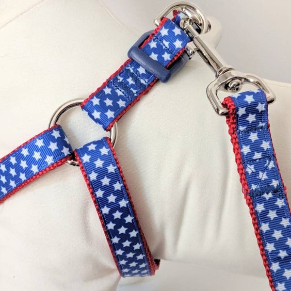 Step-in Dog Harness and (optional) Leash - Red White and Blue Partriotic Dog Harness White Stars - Boy or Girl Dog Harness - July 4th
