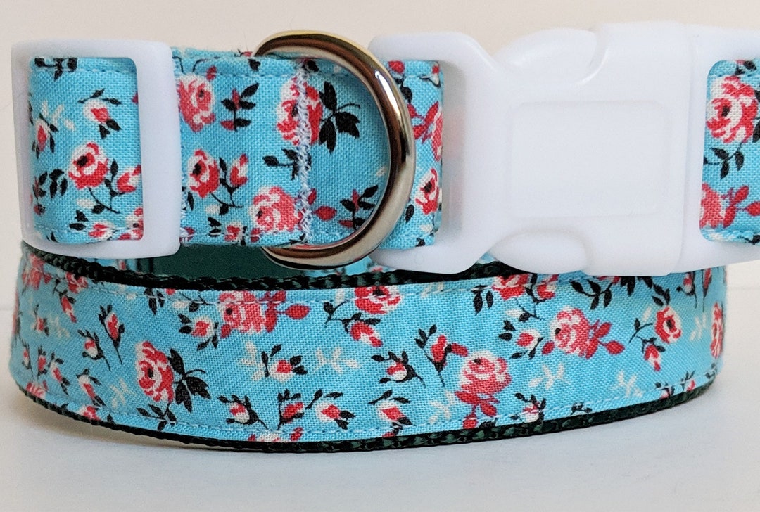 Pretty Girl Dog Collar and optional Matching Leash Blue and Pink Floral
