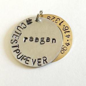 Dog or Cat ID Tag - Hand Stamped Pet ID Tag - Round Aluminum and Brass  Washer Dog Tag - Cutest Dog / Cat Ever-Custom Cat Tag-Funny Dog Tag