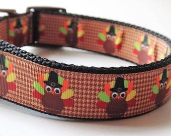 Thanksgiving Dog Collar & (optional) Leash with Turkey Design - Small or Large Dog Collar -  Brown Colorful Dog Collar