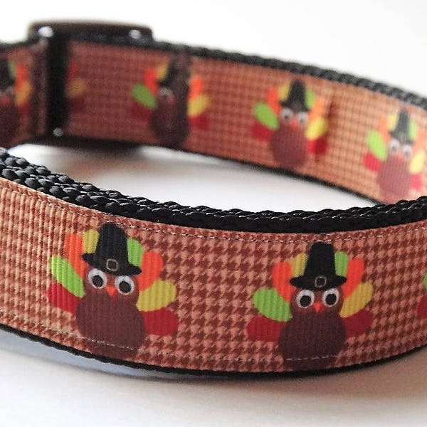 Thanksgiving Dog Collar & (optional) Leash with Turkey Design - Small or Large Dog Collar -  Brown Colorful Dog Collar