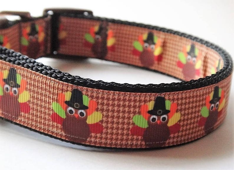 Thanksgiving Dog Collar & optional Leash with Turkey Design Small or Large Dog Collar Brown Colorful Dog Collar image 1