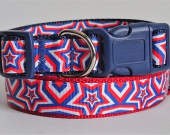 Dog Collar and (optional) Leash Set - Red White and Blue Dog Collar with Stars - Patriotic Dog Collar - Small or Large Dog Collar