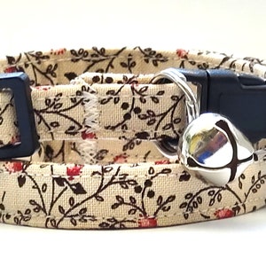 Floral Fabric Cat or Kitten Collar - Neutral Vintage Inspired Girl Cat Collar with Tiny Flowers - Breakaway Cat Collar with Removable Bell