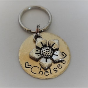 Dog Tag - Cat Tag - Pet ID Tag with Flower Charm - 1&quot; Round Brass Pet Tag - Cat Collar Tag