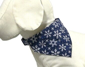 Dog or Cat Over the Collar Winter Themed Bandana - Snowflake  Bandana Available in Four Colors Navy, Red, Blue or Tan  Dog or Cat Neck Scarf