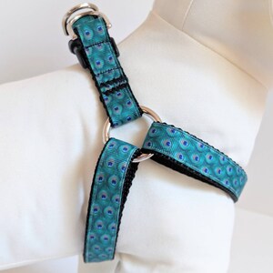 Step-in Dog Harness and (optional) Leash-Peacock Feathers Dog Harness-Girl Dog Harness-Teal Dog Harness- Pretty Dog Harness