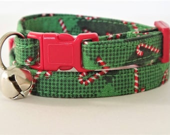 Christmas Cat Collar - Kitten Collar with Candy Canes - Red and Green Fabric Cat Collar with Removable Bell