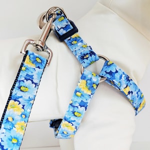 Girl Dog Harness and (optional) Leash-Pretty Blue and Yellow Floral Dog Harness-Fabric Step-in Dog Harness with Pink-Dog Collar Alternative