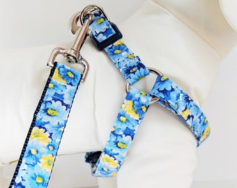 May include: A blue and yellow floral dog harness with a matching leash and silver hardware.