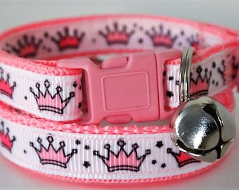 Cat Collar - Kitten Collar - Pink Princess Cat Collar with Tiaras-Girl Cat Collar-Adjustable Breakaway Cat Collar with Removable Bell