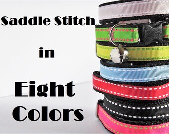 Cat or Kitten Collar - Adjustable Breakaway Cat Collar with Removable Bell - Cute Boy or Girl Cat Collar - Saddle stitching