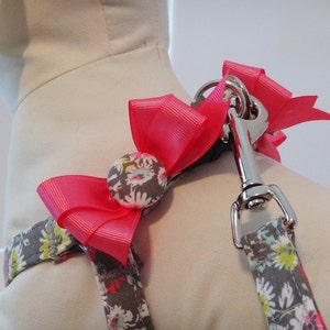 Floral Dog Harness and optional Leash Grey and Pink Fabric Step-in Dog Harness with Bows Girl Dog Harness or Dog Collar Alternative image 3