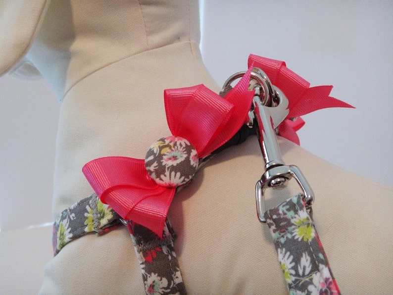 Floral Dog Harness and optional Leash Grey and Pink Fabric Step-in Dog Harness with Bows Girl Dog Harness or Dog Collar Alternative image 3